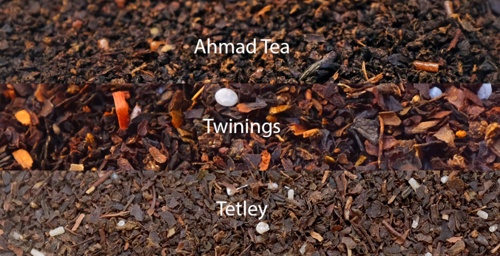 A comparison of Ahmad Tea, Twinings, and Tetley tea leaves.