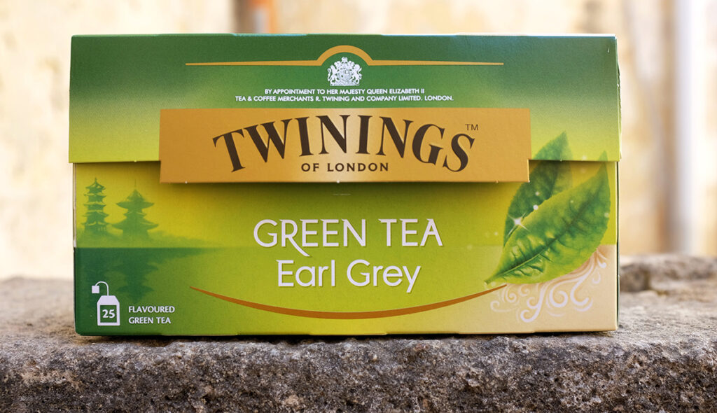 Twinings Green Tea Earl Grey box design and packaging.