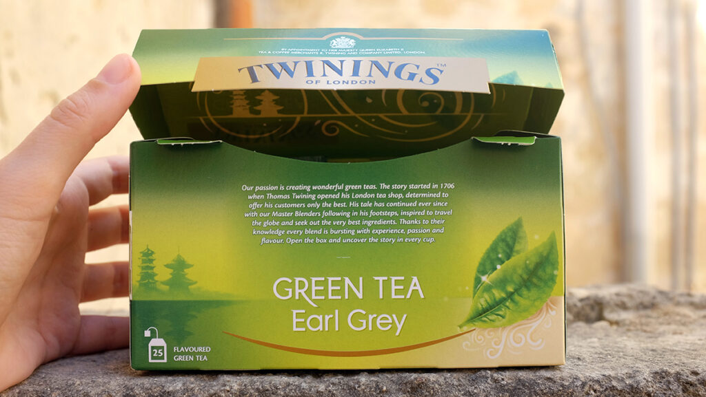 Twinings of London Green Tea Earl Grey box design and packaging.
