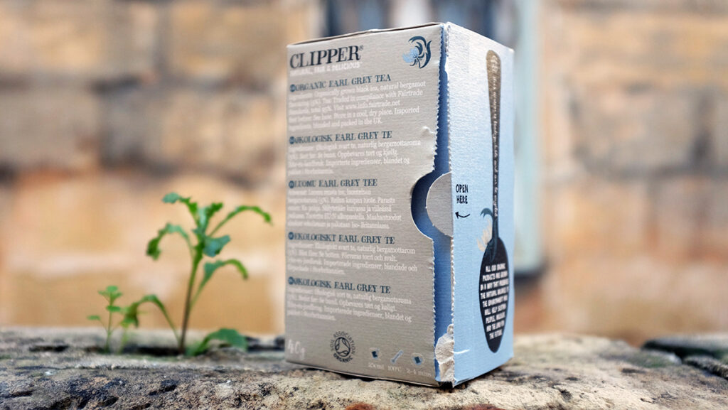 Clipper Earl Grey box with perforated edges. 